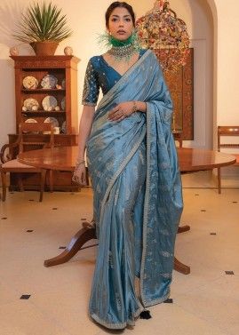 Dull Blue Satin Saree In Woven Work