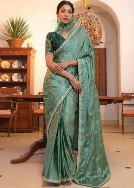 Green Satin Silk Saree  Blouse