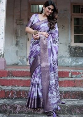 Purple Art Silk Saree In Print