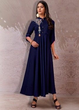 Navy Blue Embroidered Readymade Flared Dress