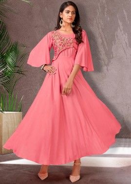 Pink Bell Sleeved Readymade Embroidered Dress