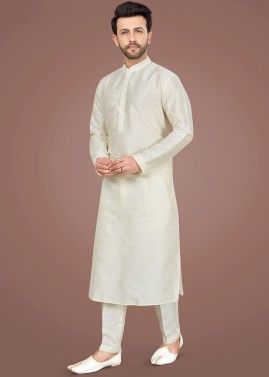 Cream Silk Readymade Kurta Pajama For Men