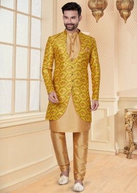 Yellow Printed Jacket Style Readymade Sherwani In Silk