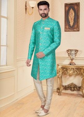 Embroidered Readymade Groom Sherwani Set In Turquoise