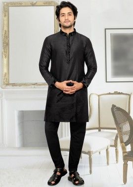 Readymade Black Kurta Pajama In Silk
