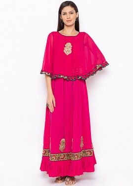 Pink Embroidered Readymade Cape Style Frilled Dress