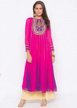 Pink and Purple Readymade Embroidered Flared Long Kurta