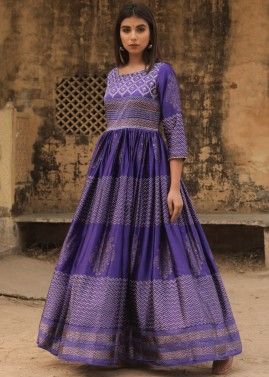 Readymade Purple Hand Block Printed Indo Western Dress