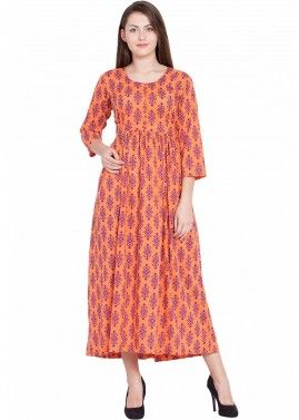 Orange Block Printed Indo Western Dress