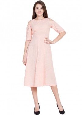 Peach Cold Shoulder Readymade Flared Dress
