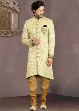 Yellow Brocade Woven Groom Sherwani Churidar Set
