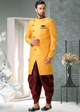 Readymade Yellow Sherwani With Plain Dhoti