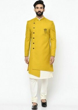 Readymade Yellow Asymmetric Sherwani With Kurta Pajama