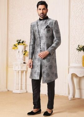 Readymade Grey Woven Sherwani For Wedding Wear