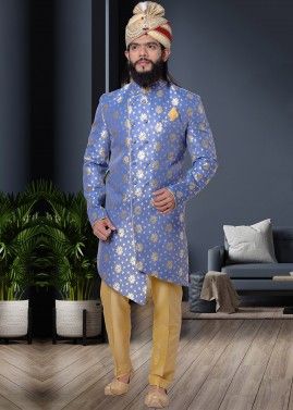 Blue Readymade Woven Sherwani With Trouser