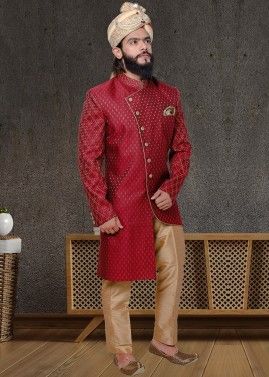 Readymade Maroon Asymmetric Woven Sherwani Set