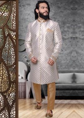 Readymade Silver Woven Sherwani With Trouser