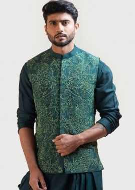 Green Readymade Embroidered Silk Nehru Jacket