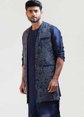 Embroidered Blue Readymade Long Nehru Jacket