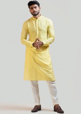 Yellow Readymade Cotton Kurta Pant Set
