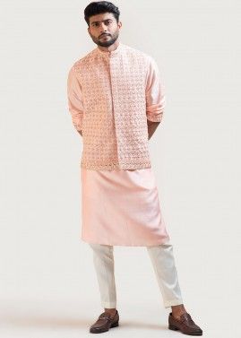 Peach Embroidered Readymade Kurta Pajama With Nehru Jacket