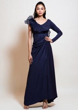 Navy Blue Embellished Readymade Draped Style Dress