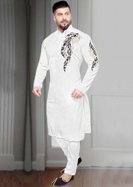 White Embroidered Cotton Readymade Kurta Pajama