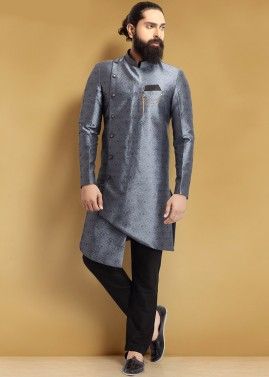 Grey Jacquard Woven Indo Western Sherwani Set