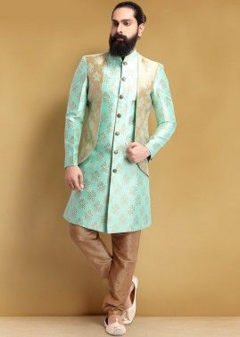 Turquoise Silk Indo Western Sherwani With Churidar