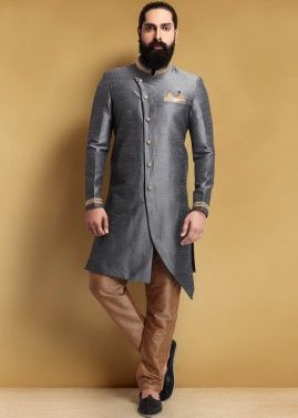 Asymmetric Grey Silk indo western Sherwani Churidar Set