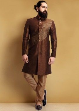 Brown Woven Silk Sherwani With Churidar