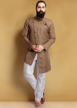 Brown Asymmetric Indo Western Sherwani Churidar Set
