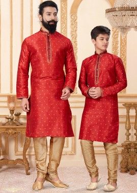Father & Son Red Silk Readymade Kurta Pajama