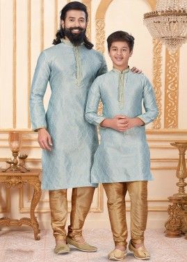 Blue Father & Son Readymade Woven Kurta Pajama