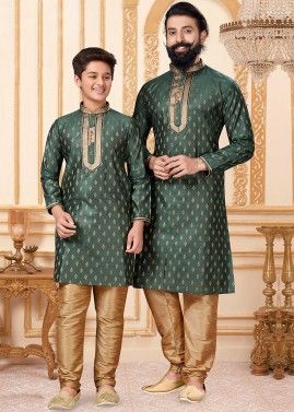 Father & Son Green Readymade Woven Kurta Pajama