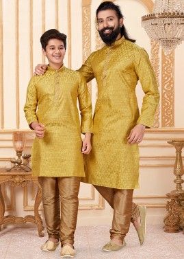 Father & Son Yellow Readymade Woven Kurta Pajama Set
