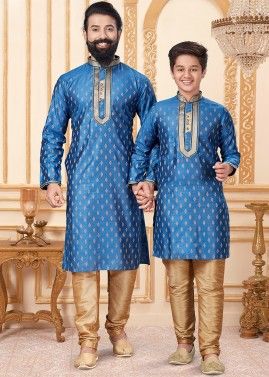 Father & Son Readymade Woven Blue Kurta Pajama