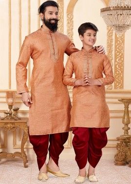 Peach Father & Son Readymade Dhoti Kurta Set