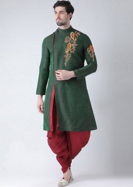 Green Readymade Angrakha Style Slit Dhoti Kurta Set