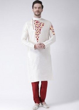 White Readymade Embroidered Kurta With Churidar