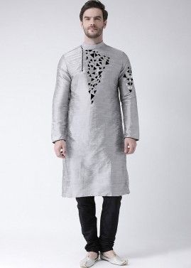 Grey Embroidered Readymade Kurta With Churidar