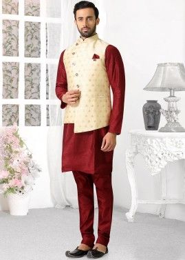 Maroon Silk Readymade Kurta Pyjama With Nehru Jacket