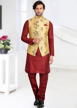 Readymade Red Kurta Pyjama With Nehru Jacket