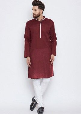 Maroon Cotton Kurta With Churidar Pajama