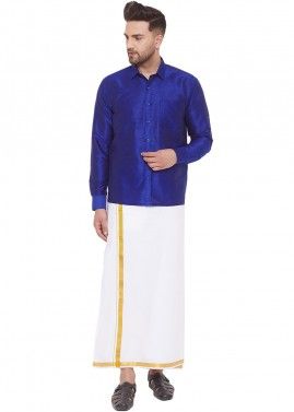 Readymade Silk Blue Shirt And Dhoti Set