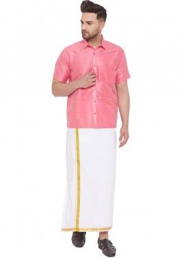 Readymade Pink Mens Silk Dhoti With Shirt