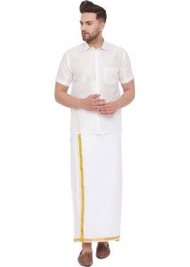 Readymade White Art Silk Shirt And Dhoti Set