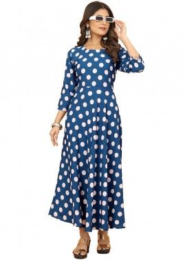 Blue Readymade Polka Dot Print Long Dress