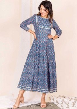 Blue Floral Hand Block Printed Indo Western Dress