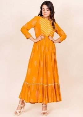 Orange Hand Block Printed Frilled Dress